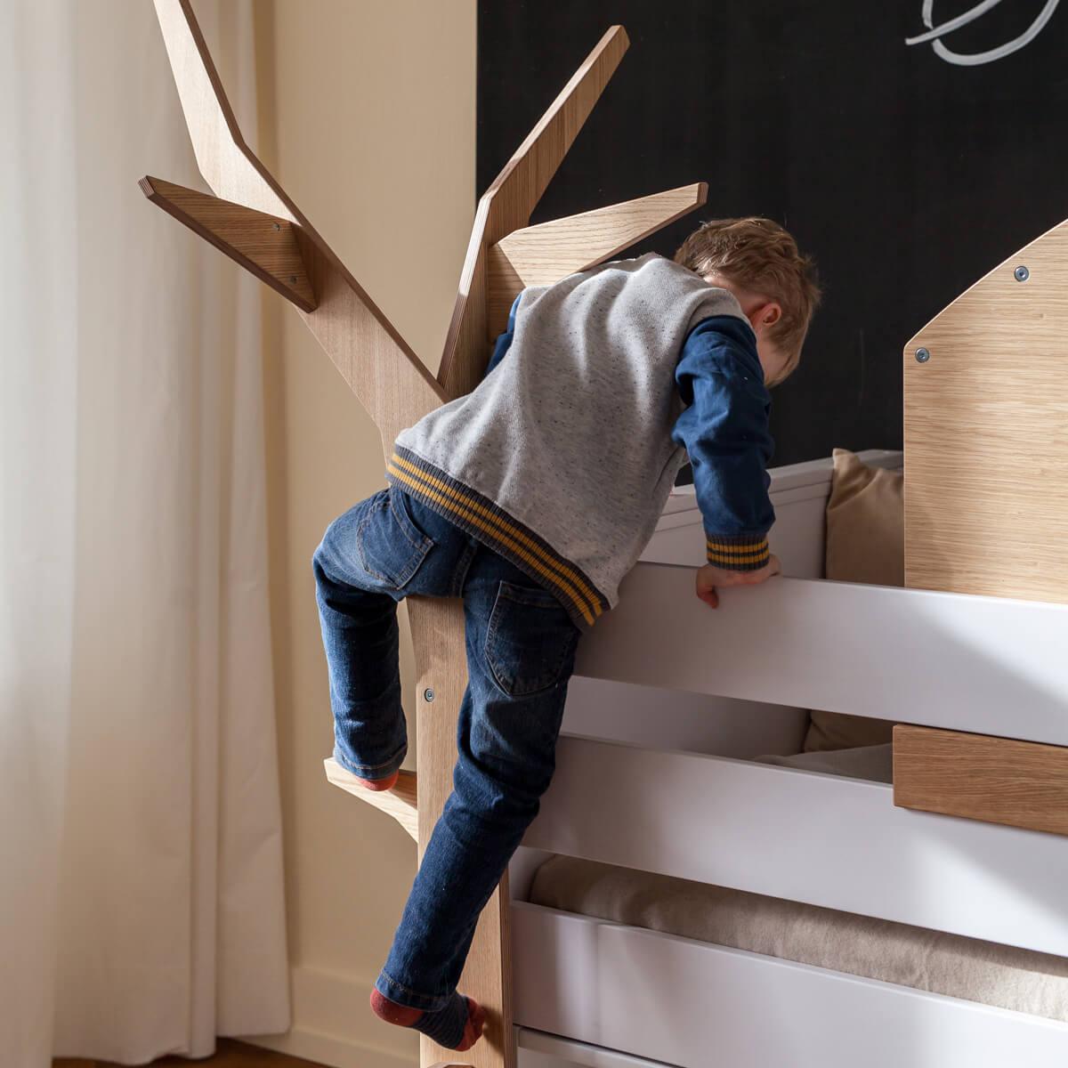 Lit surélevé-arbre KASVA Debreuyn hêtre massif laqué blanc-placage chêne huilé