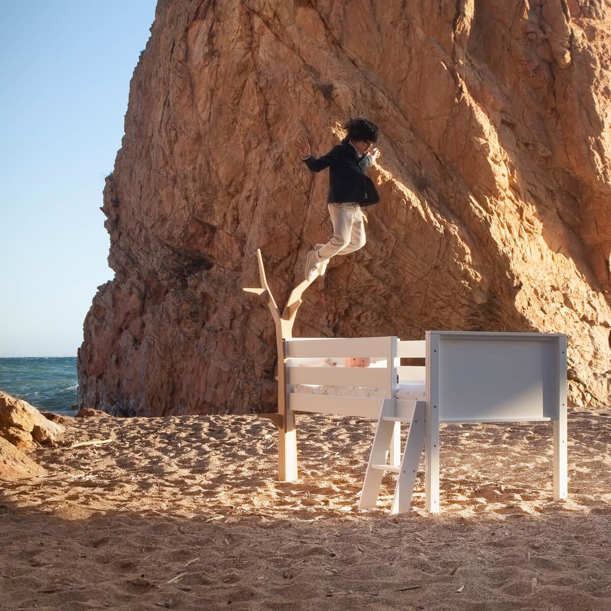 Lit surélevé-arbre KASVA hêtre massif laqué blanc-placage chêne huilé