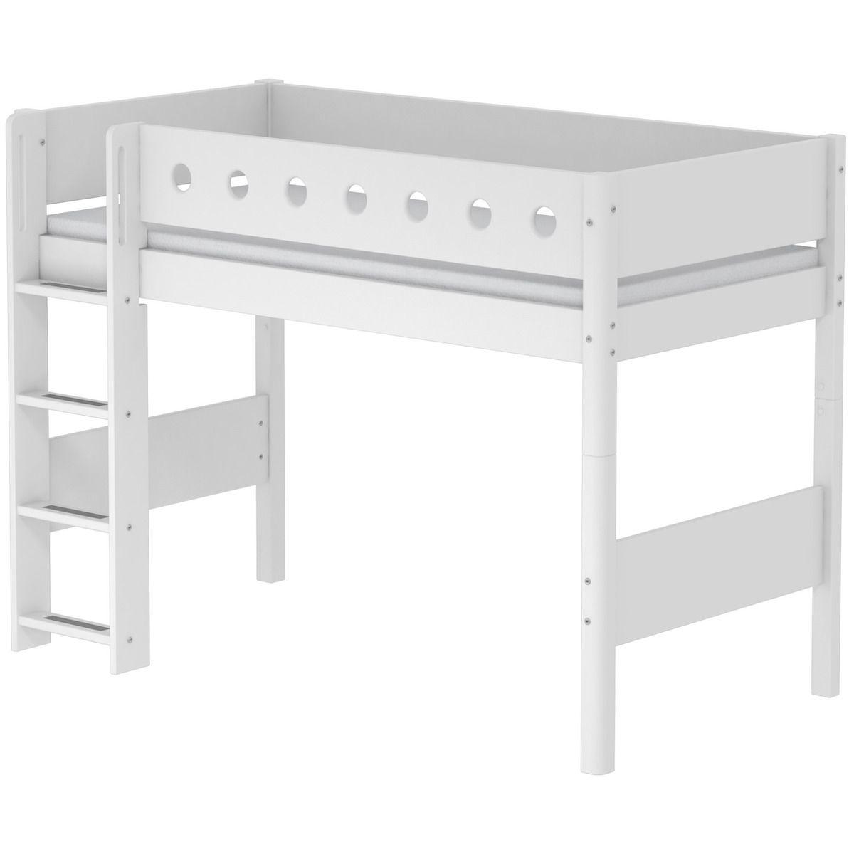 Lit surélevé enfant WHITE Flexa 90x190 échelle droite pieds blancs barrière blanche