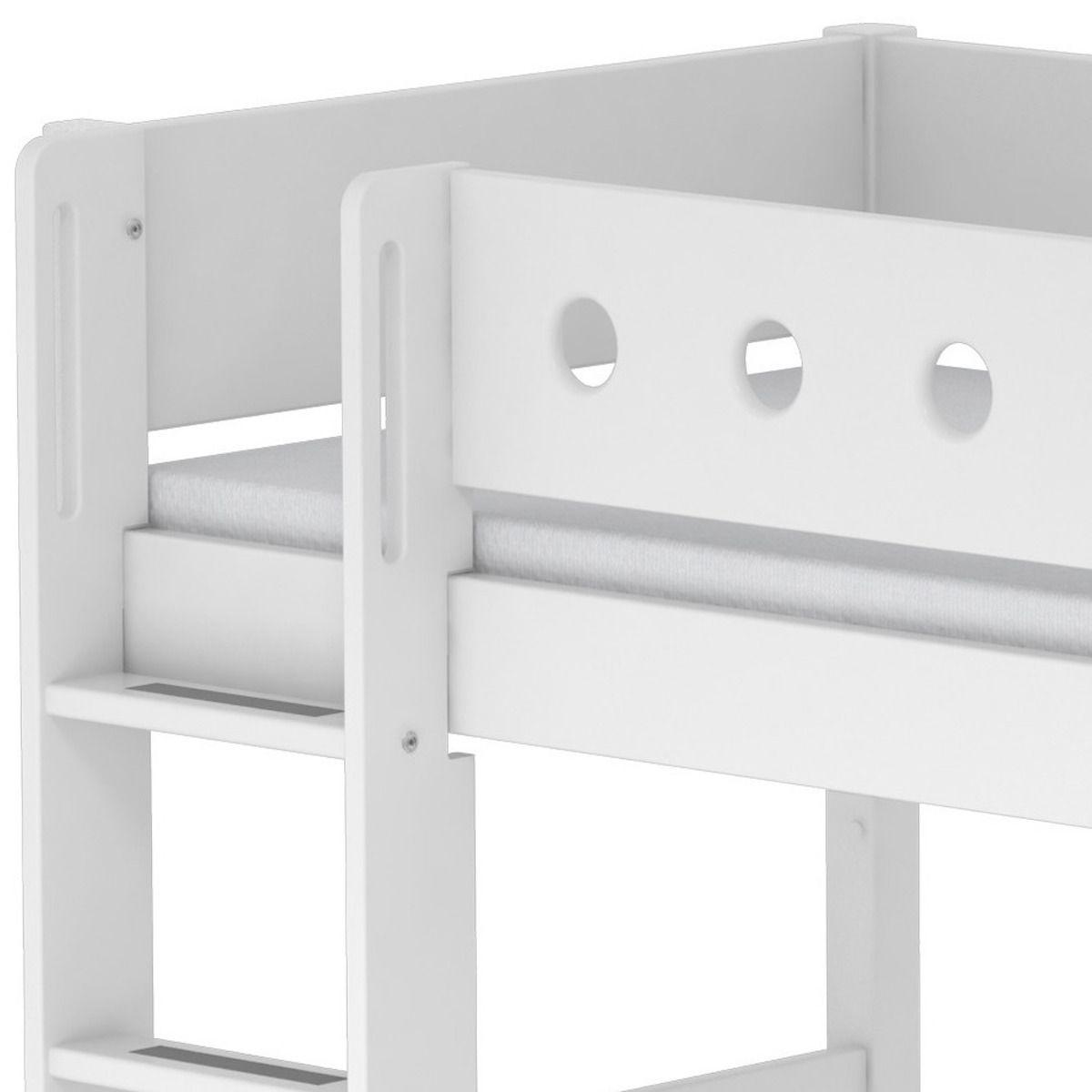 Lit surélevé enfant WHITE Flexa 90x190 échelle droite pieds blancs barrière blanche