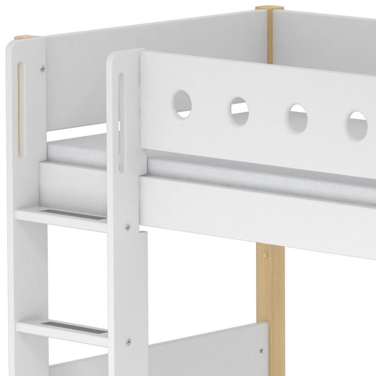Lit surélevé enfant WHITE Flexa 90x190 échelle droite pieds bouleau barrière blanche