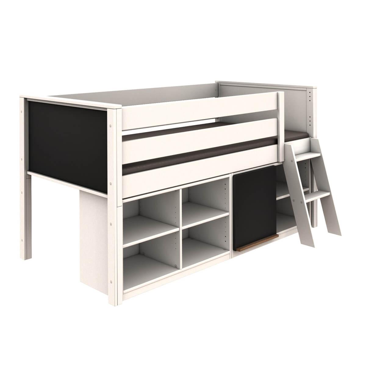 Lit surélevé étagère mi-hauteur-tableau KASVA hêtre massif laqué blanc