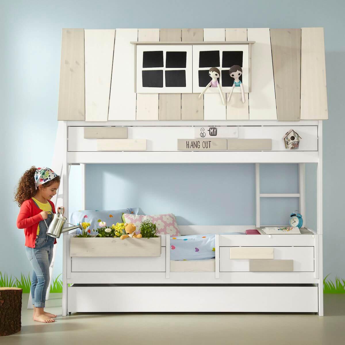 Lits cabane superposés 90x200cm échelle intérieur sommier DE LUXE HANG OUT Lifetime blanc 