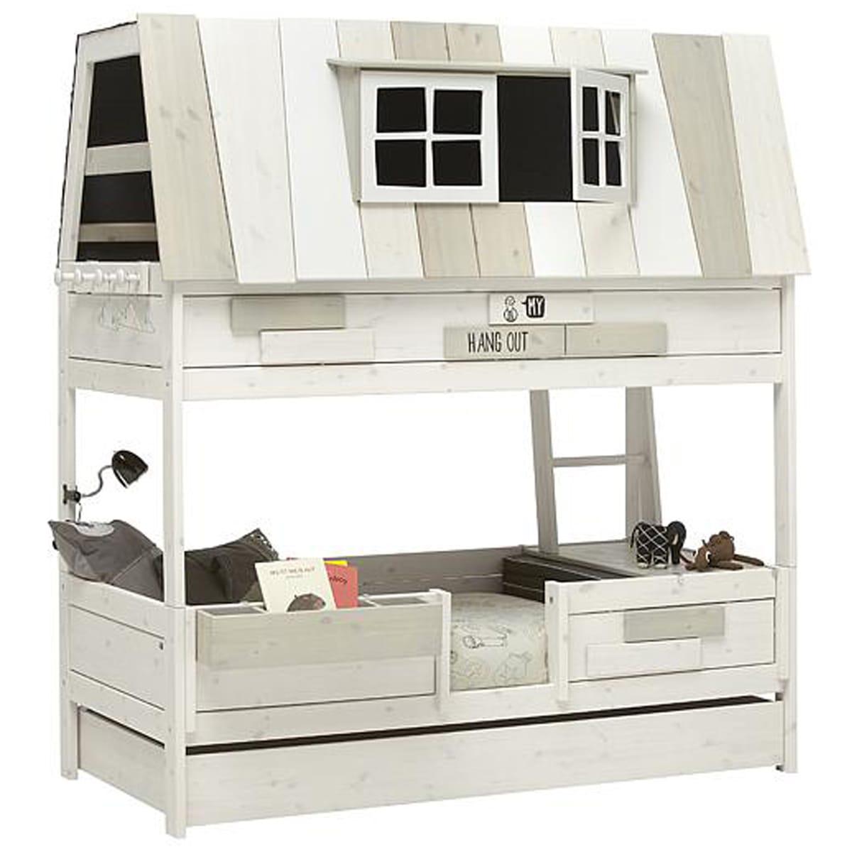 Lits évolutifs cabane superposés 90x200cm sommier LUXE HANGOUT Lifetime blanchi (échelle intérieure)