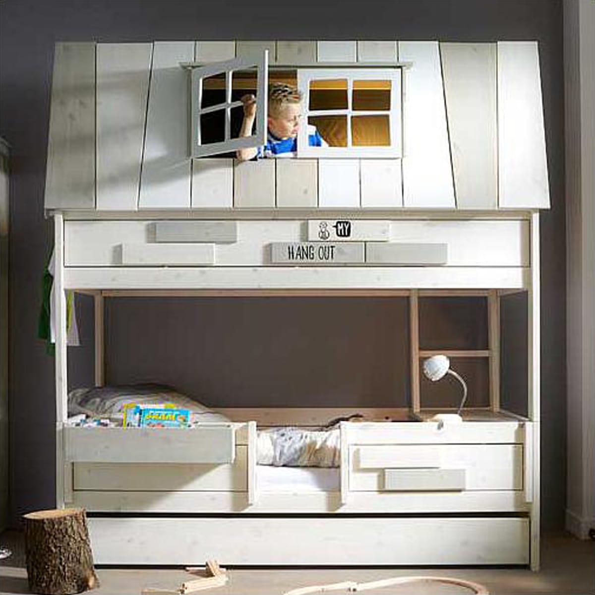 Lits évolutifs cabane superposés 90x200cm sommier LUXE HANGOUT Lifetime blanchi (échelle intérieure)