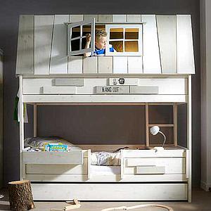 Lits évolutifs cabane superposés 90x200cm sommier LUXE HANGOUT Lifetime blanchi (échelle intérieure)