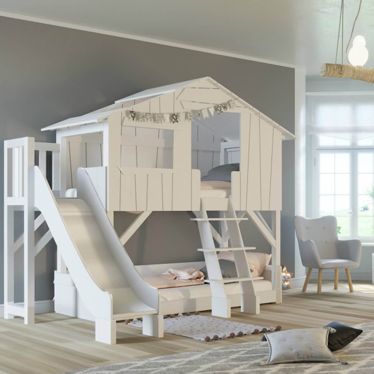 Lits superposés toboggan plate-forme 90x190cm CABANE Mathy by Bols gris ciment