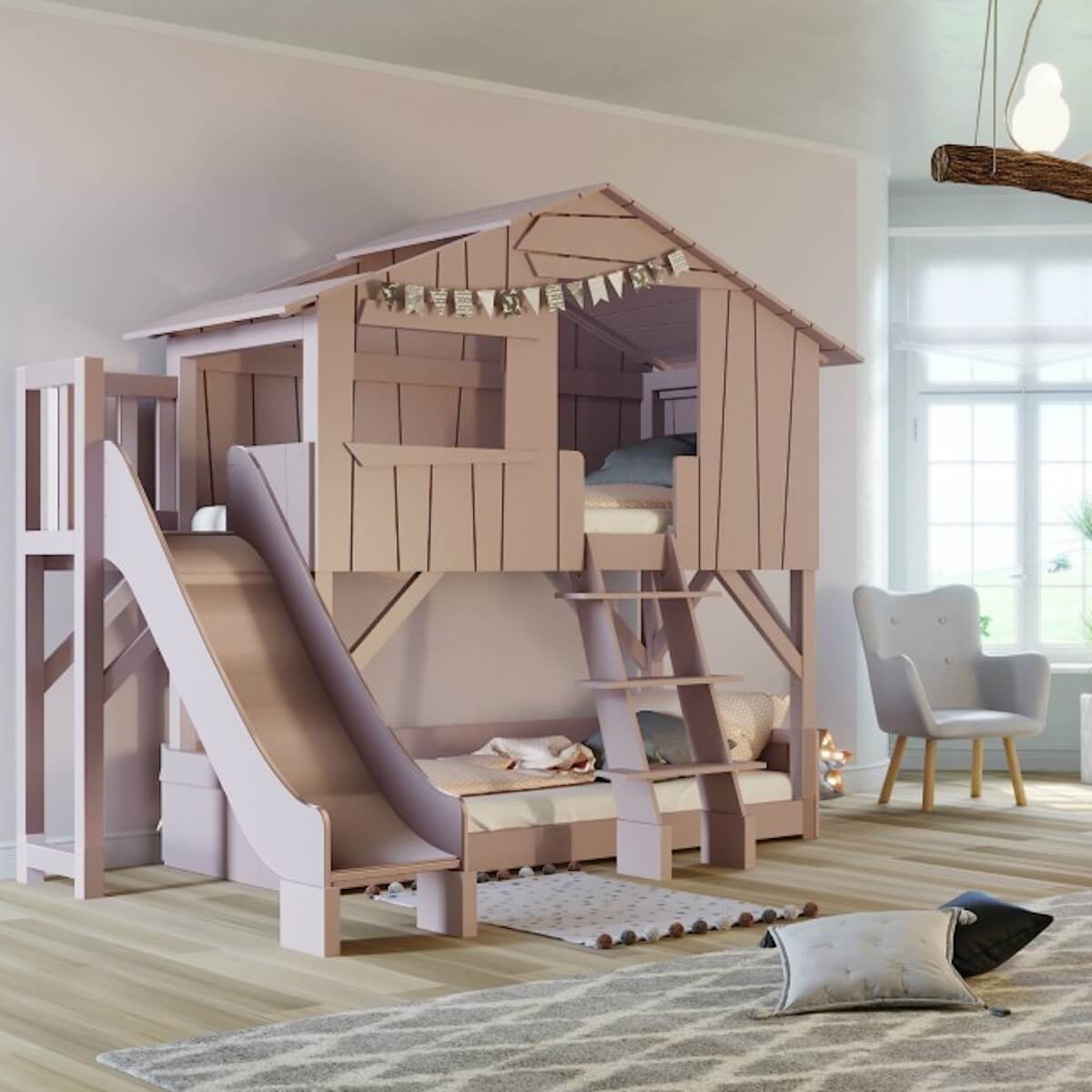 Lits superposés toboggan plate-forme 90x190cm CABANE Mathy by Bols rose très clair