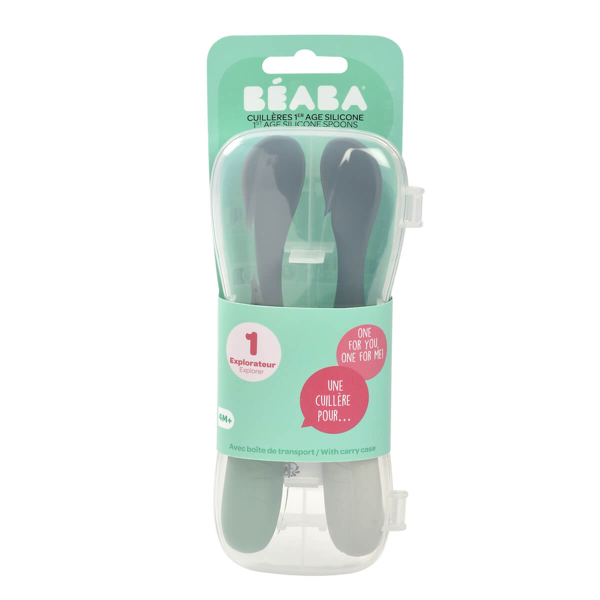 Lot de 2 cuillères 1er âge silicone bi-ton Beaba mineral sage g - (avec boite de transport)