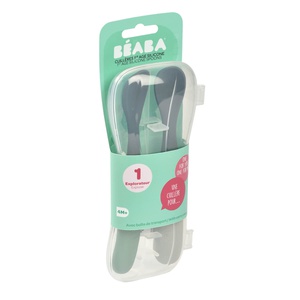 Lot de 2 cuillères 1er âge silicone bi-ton Beaba mineral sage g - (avec boite de transport)