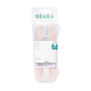 Lot de 2 cuillères silicone 1er âge avec boite de transport Beaba Barbe à papa-Guimauve