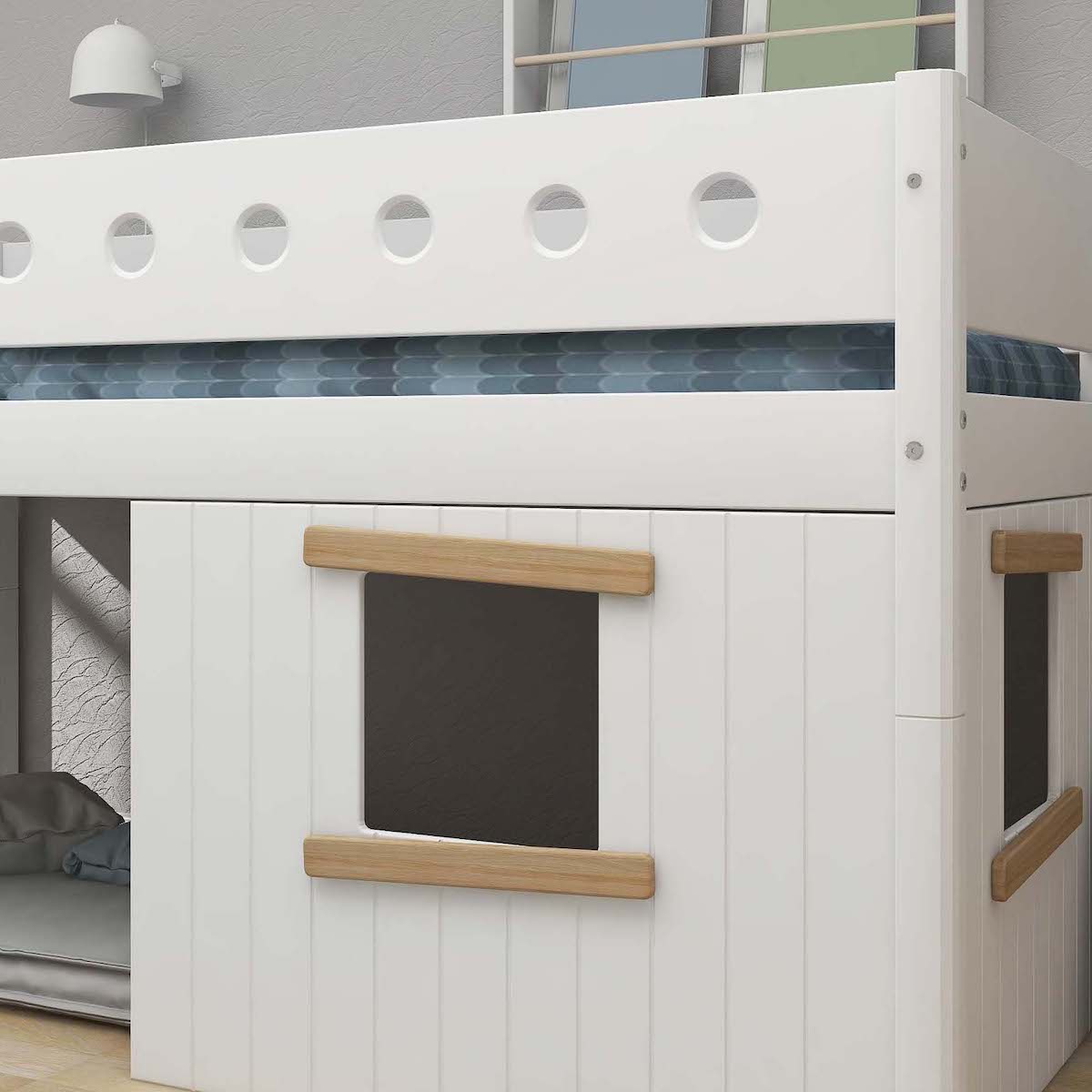 Mid sleeper WHITE 200x90 Sl. ladder & Tree hut Oak window