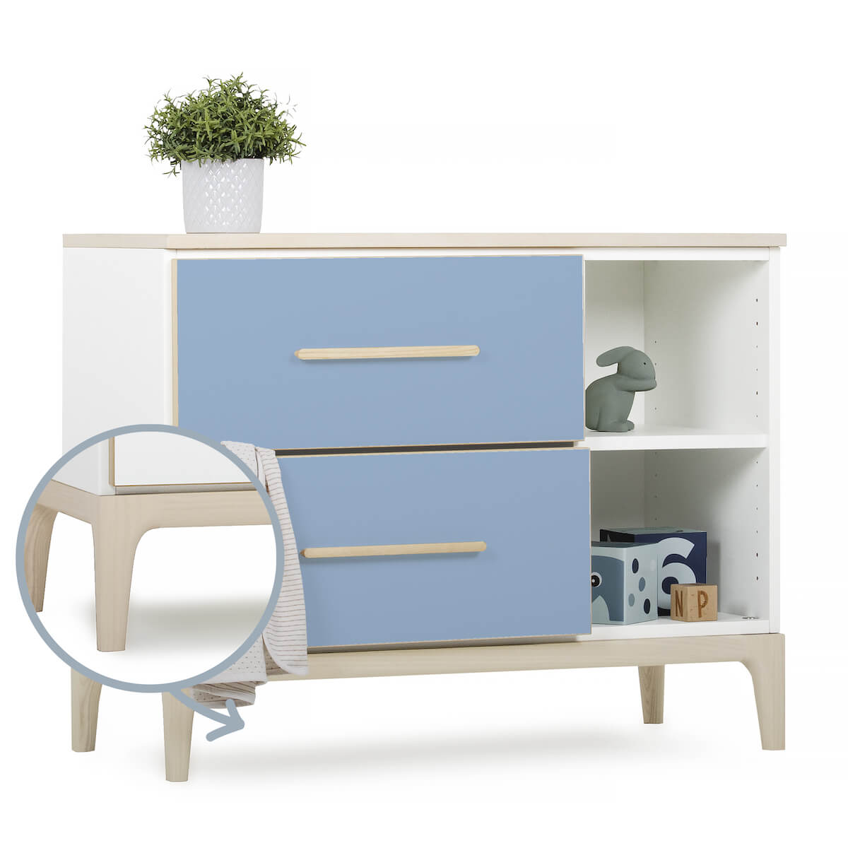 Petit meuble 2 tiroirs 2 niches NADO Curve finition frêne capri blue