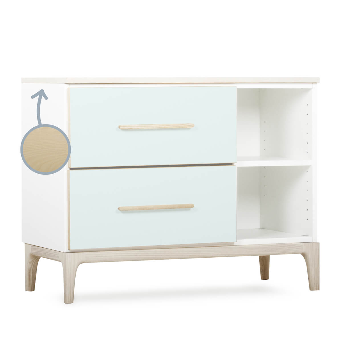 Petit meuble 2 tiroirs 2 niches NADO Curve finition frêne mint