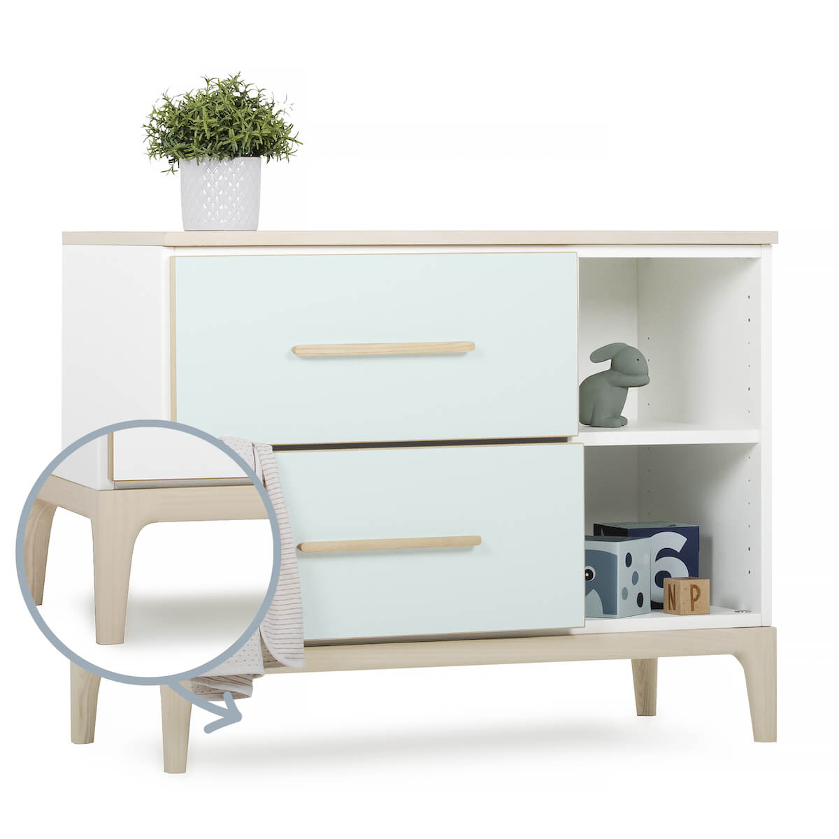 Petit meuble 2 tiroirs 2 niches NADO Curve finition frêne mint