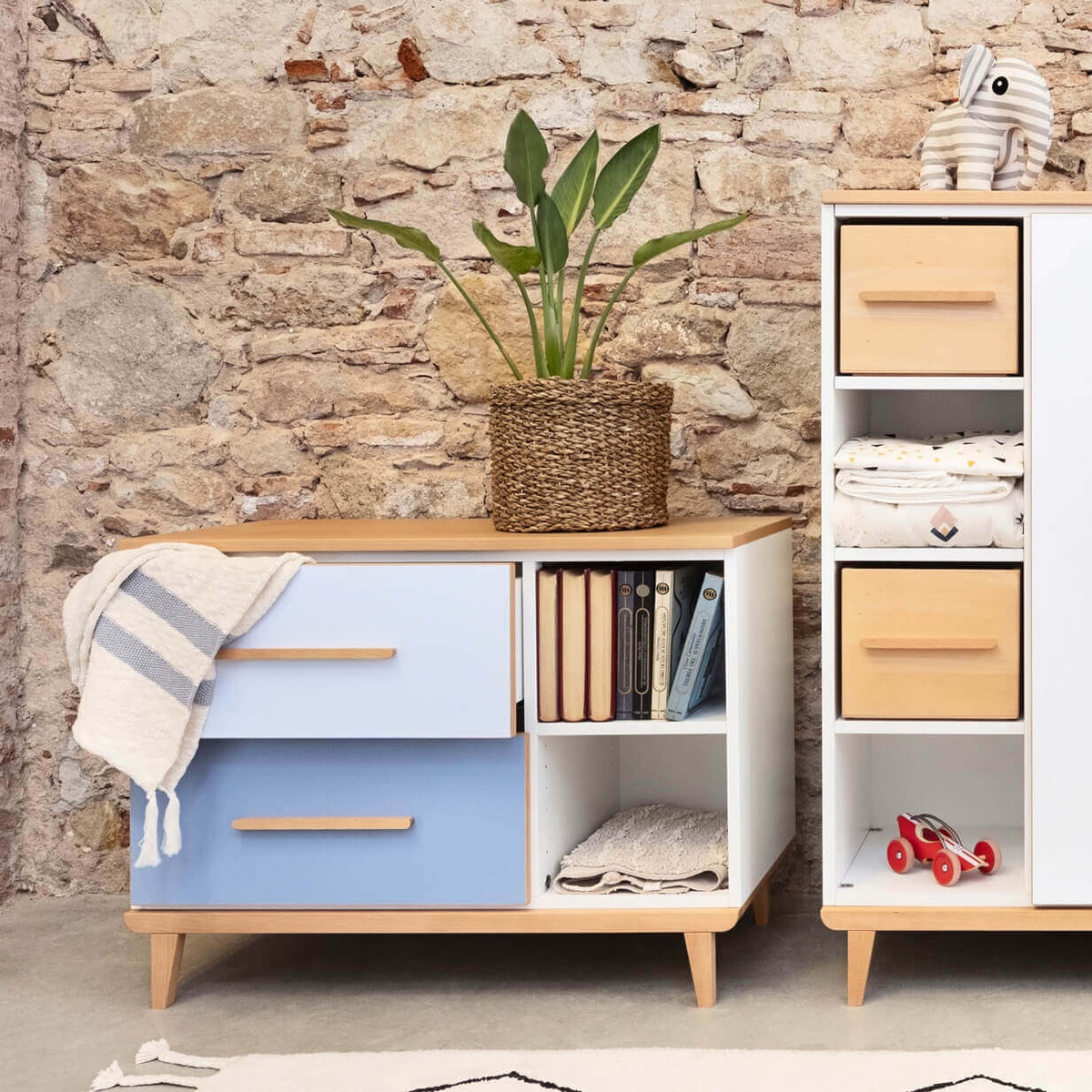 Petit meuble 2 tiroirs 2 niches NADO Retro finition hêtre white