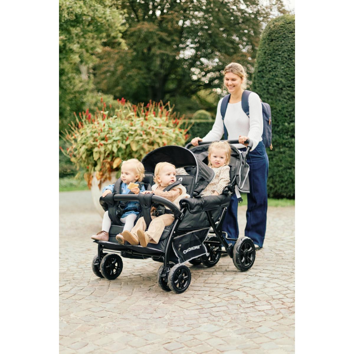 Poussette 4 places QUADRUPLE + housse de pluie + Sun canopies Childhome noir