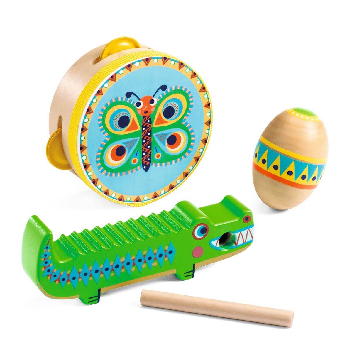 Set de percussions : tambourin, maracas, guiro Djeco