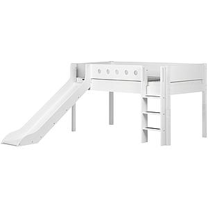 WHITE by Flexa Lit Classic mi-hauteur en MDF 90x200 cm avec échelle droite, toboggan, barrière de sécurité blanche et pieds blancs
