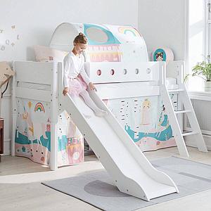 WHITE by Flexa Lit Classic mi-hauteur en MDF 90x200 cm avec échelle droite, toboggan, barrière de sécurité blanche et pieds blancs