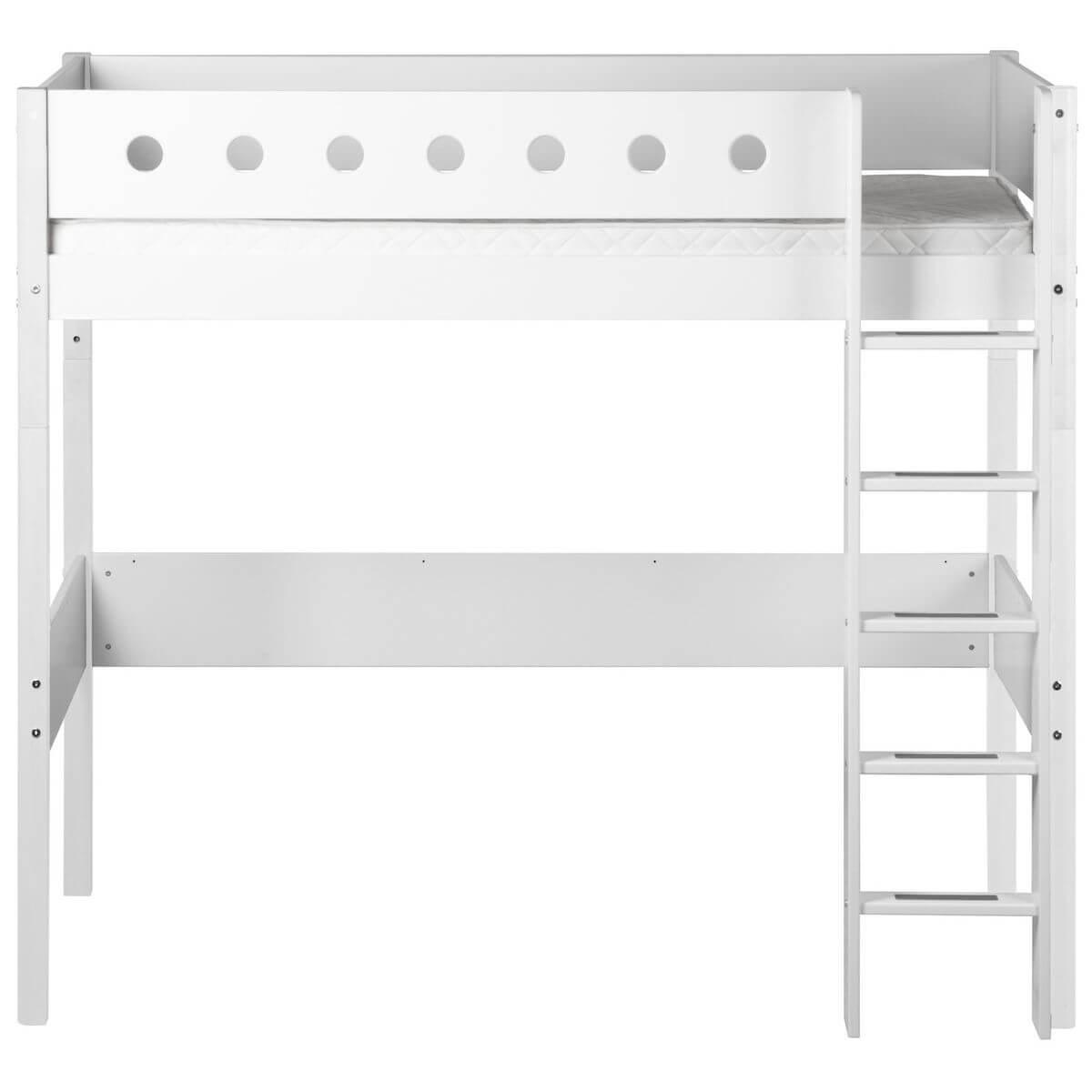 WHITE by Flexa Lit mezzanine en MDF 90x200 cm avec barrière de sécurité blanche et pieds blancs