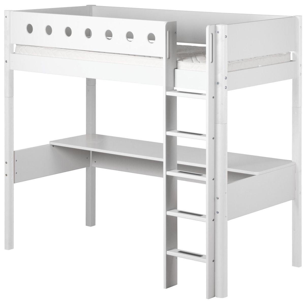 WHITE by Flexa Lit mezzanine en MDF 90x200 cm avec barrière de sécurité blanche et pieds blancs