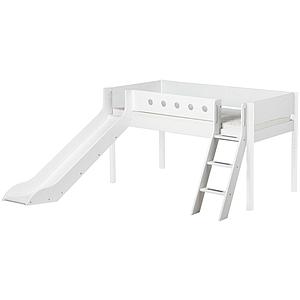 WHITE by Flexa Lit mi-hauteur en MDF 90x200 cm avec échelle inclinée, barrière de sécurité blanche et toboggan Blanc